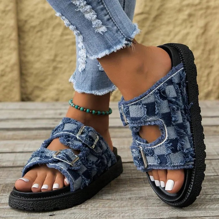 Raw Edge Checkered Cloth Buckle Sandals