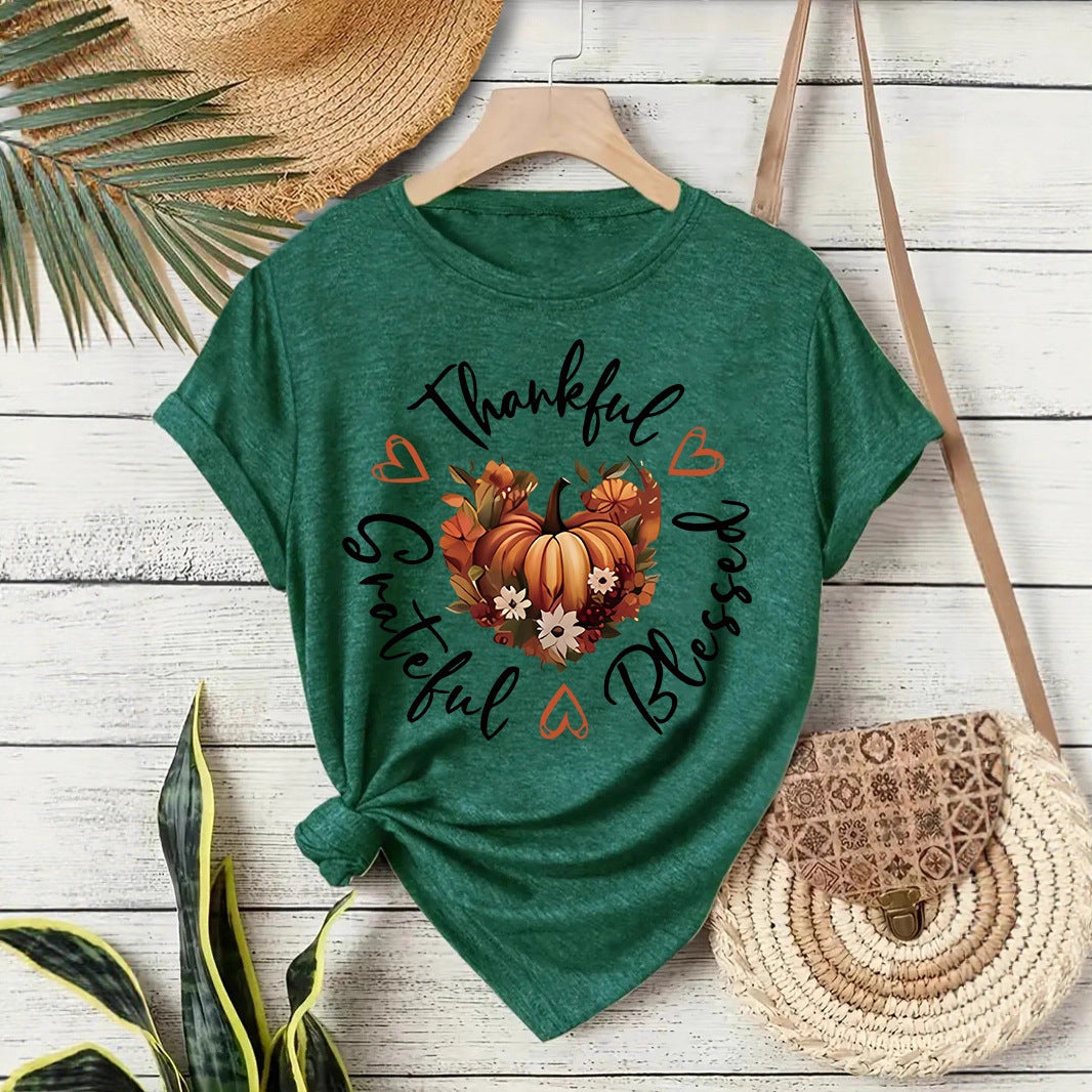 Pumpkin Print Round Neck T-Shirt