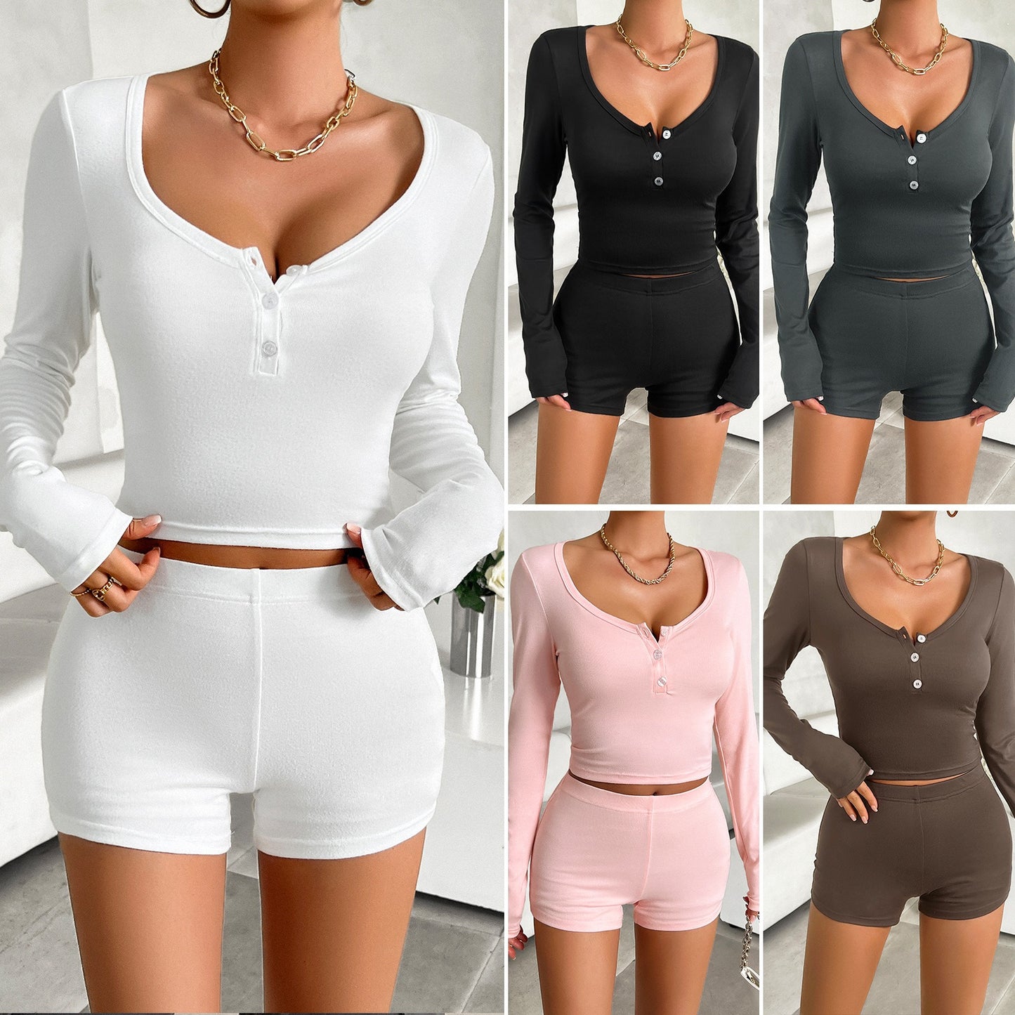 Women's Spring and Summer Solid Colored Slim Fit Long Sleeved Top and Shorts Set