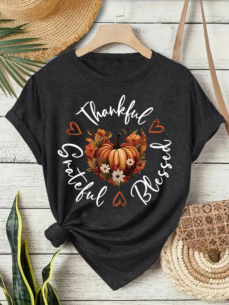 Pumpkin Print Round Neck T-Shirt