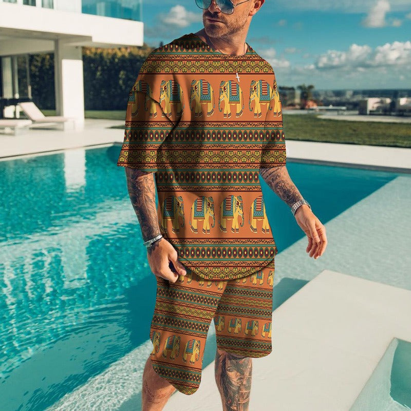 Men's Patterned Round Neck T-Shirt & Short Set