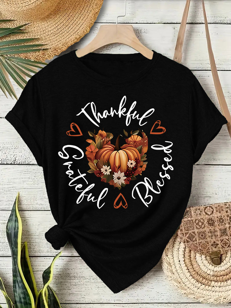 Pumpkin Print Round Neck T-Shirt