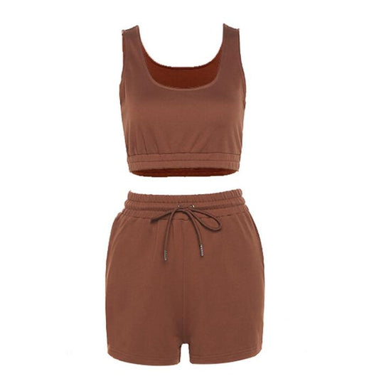 Two Piece Crop Top And Drawstring Shorts Matching Set