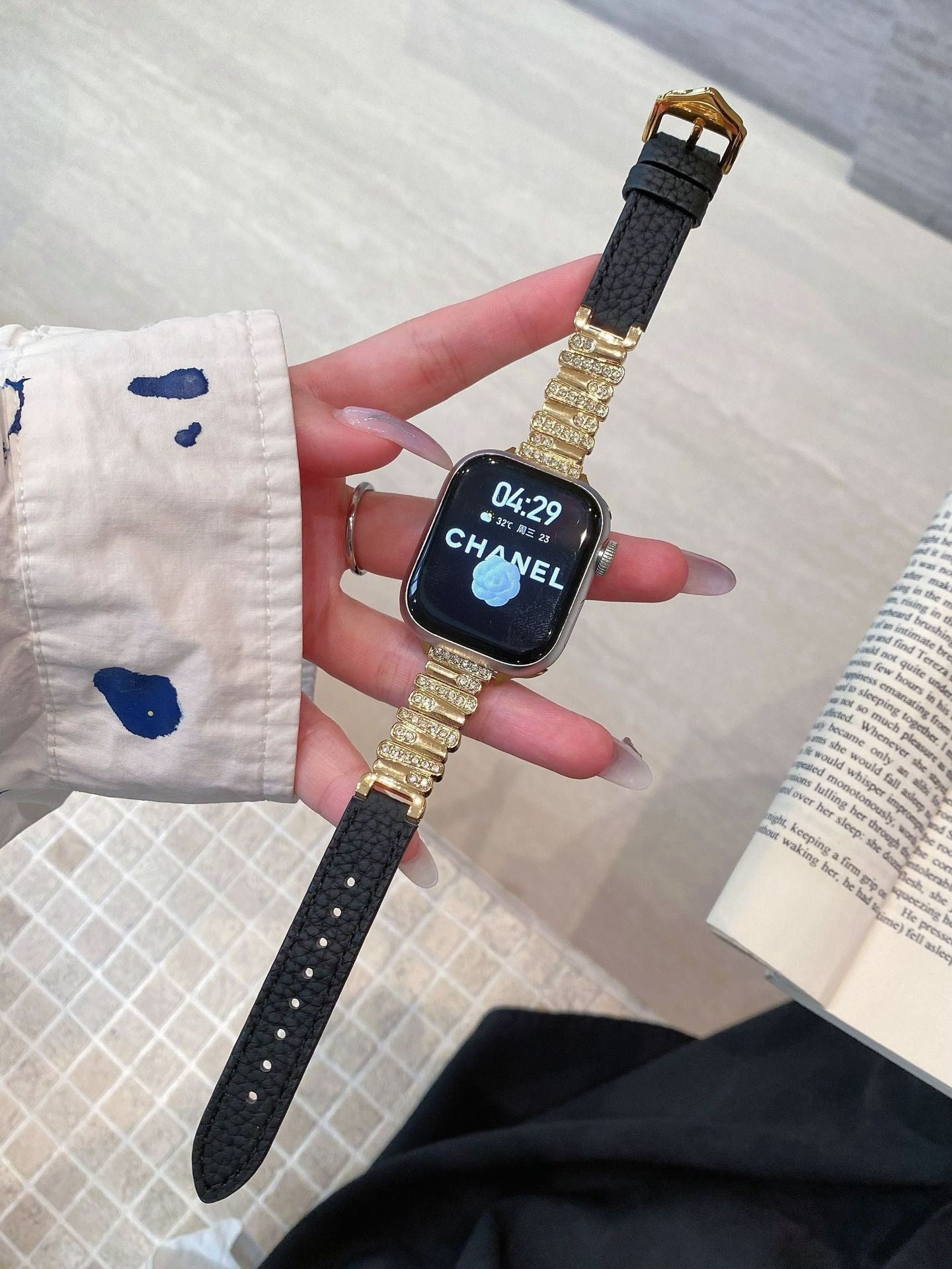 Irregular Rhinestone Embellished Leather Strap for Watch Band