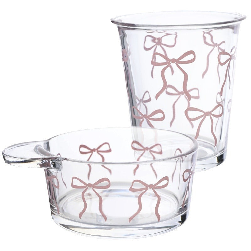 Cute Pink Bow Design Glass Dessert Bowl and Cup