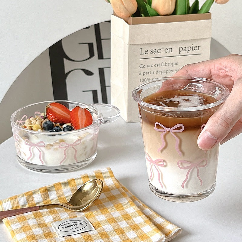 Cute Pink Bow Design Glass Dessert Bowl and Cup