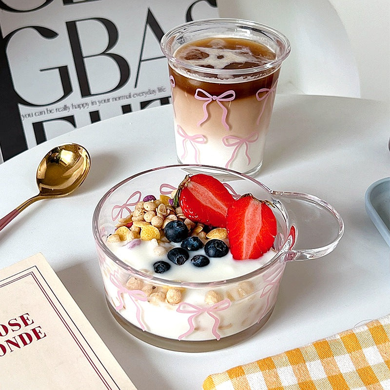 Cute Pink Bow Design Glass Dessert Bowl and Cup