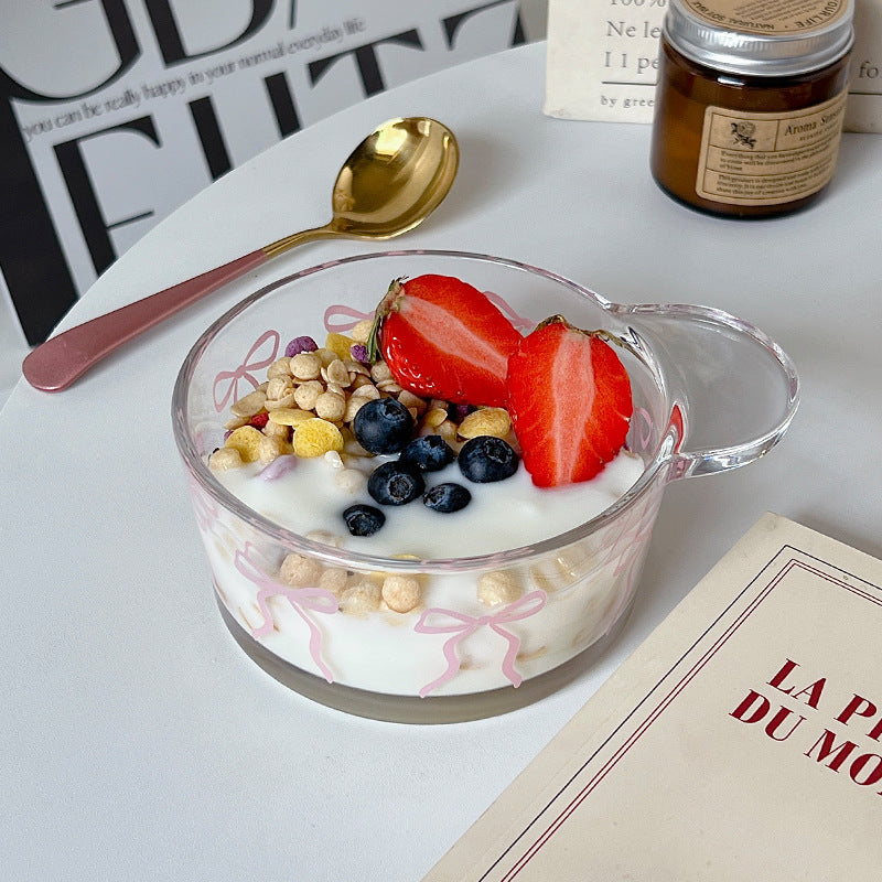 Cute Pink Bow Design Glass Dessert Bowl and Cup