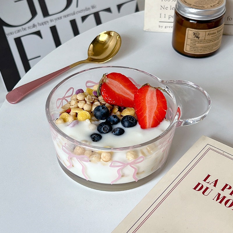 Cute Pink Bow Design Glass Dessert Bowl and Cup
