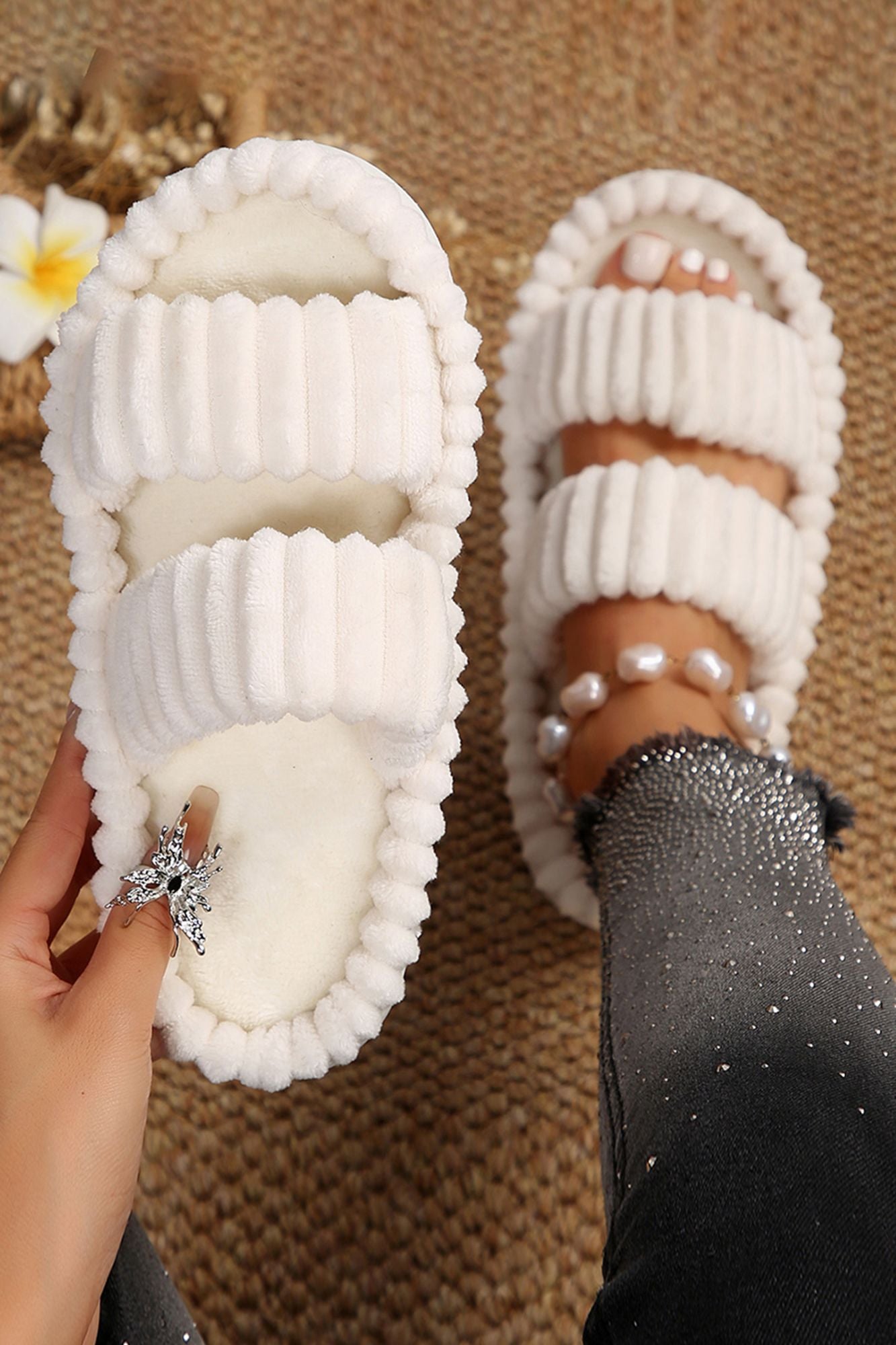 White Casual Soft Ribbed Slippers