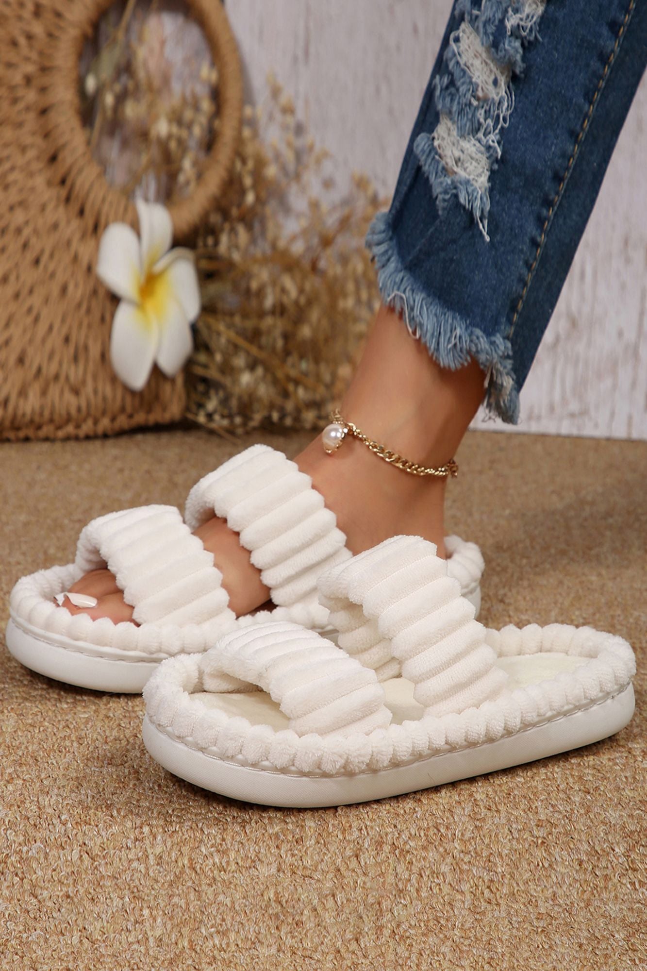 White Casual Soft Ribbed Slippers