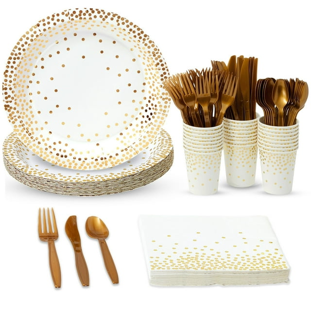 144 Piece White and Gold Party Supplies