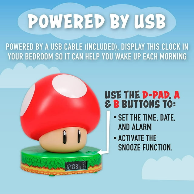 Paladone Super Mario Bros Mushroom Digital Alarm Clock with Power Up Sound