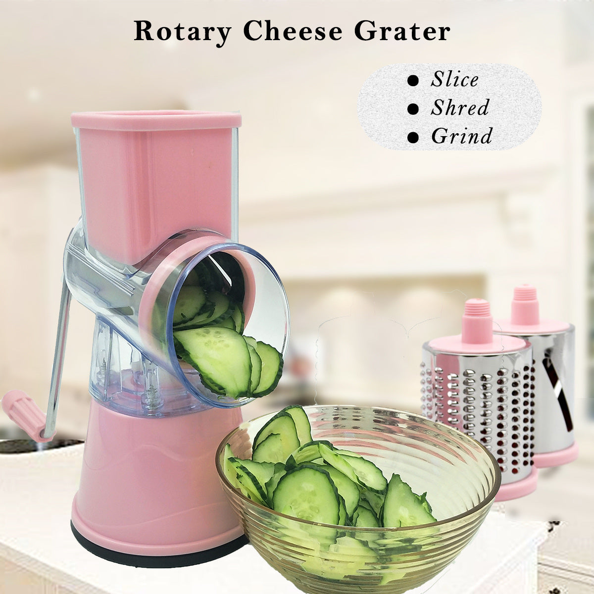 1pc Rotary Cheese Grater/Vegetable Slicer With 3 Interchangeable Blades